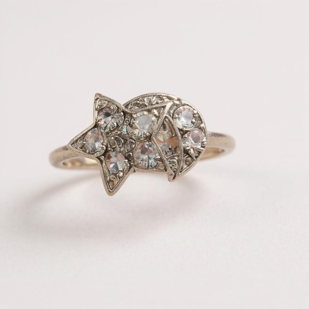 Elegant Silver Color Star and Moon Ring